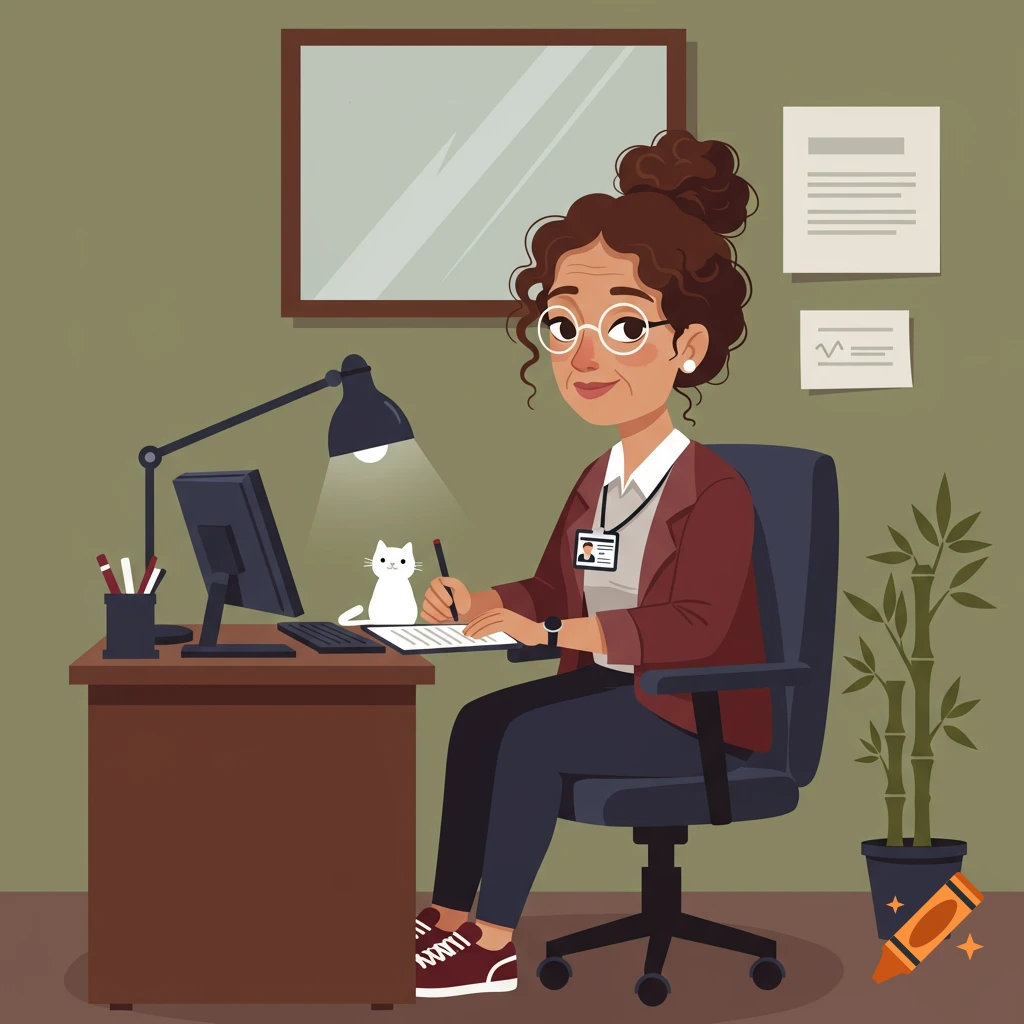 An illustrative style image of a curly-haired woman with glasses working at a desk with a white cat, computer, lamp, and bamboo plant.