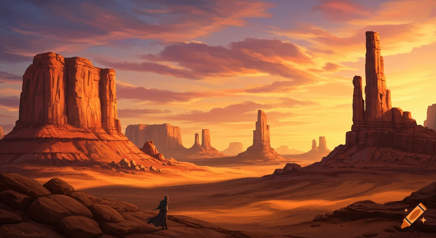 A rugged desert landscape with towering rock formations at sunset, a lone figure walking. Digital art.