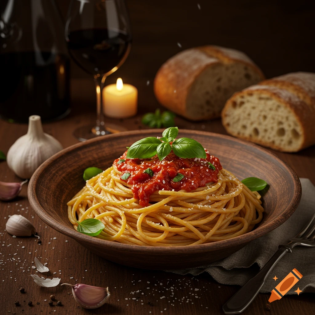 A photorealistic close-up of a bowl of spaghetti with red sauce, fresh basil, and grated cheese on a wooden table, with wine, bread, and garlic in the background.