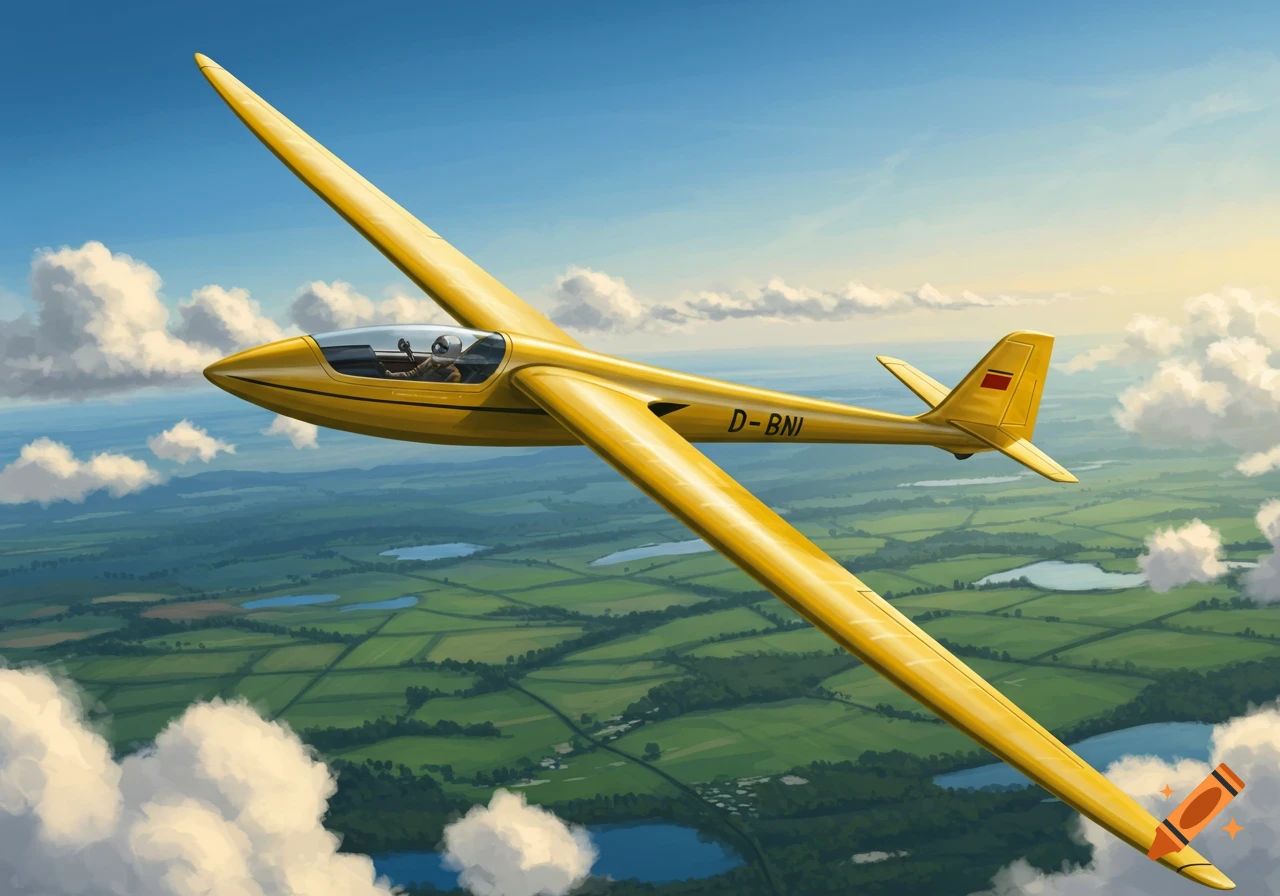 A yellow glider with a pilot flies high over a patchwork green landscape with lakes under a blue sky, in an illustrative style.