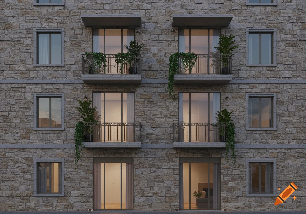Photorealistic view of a stone apartment building facade with balconies adorned with green plants.