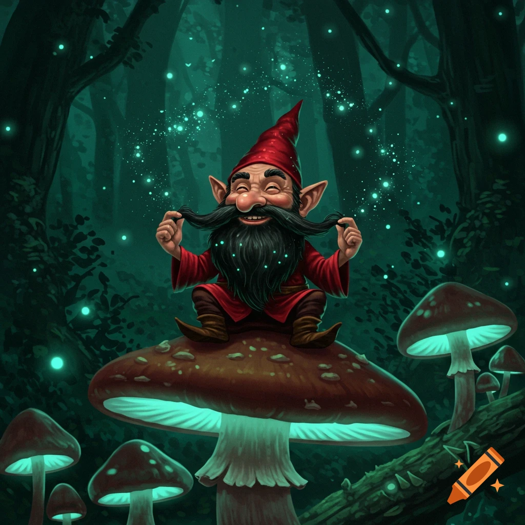 A jovial gnome with a red hat and a long black beard sits on a glowing mushroom in an enchanted forest, pulling his mustache.
