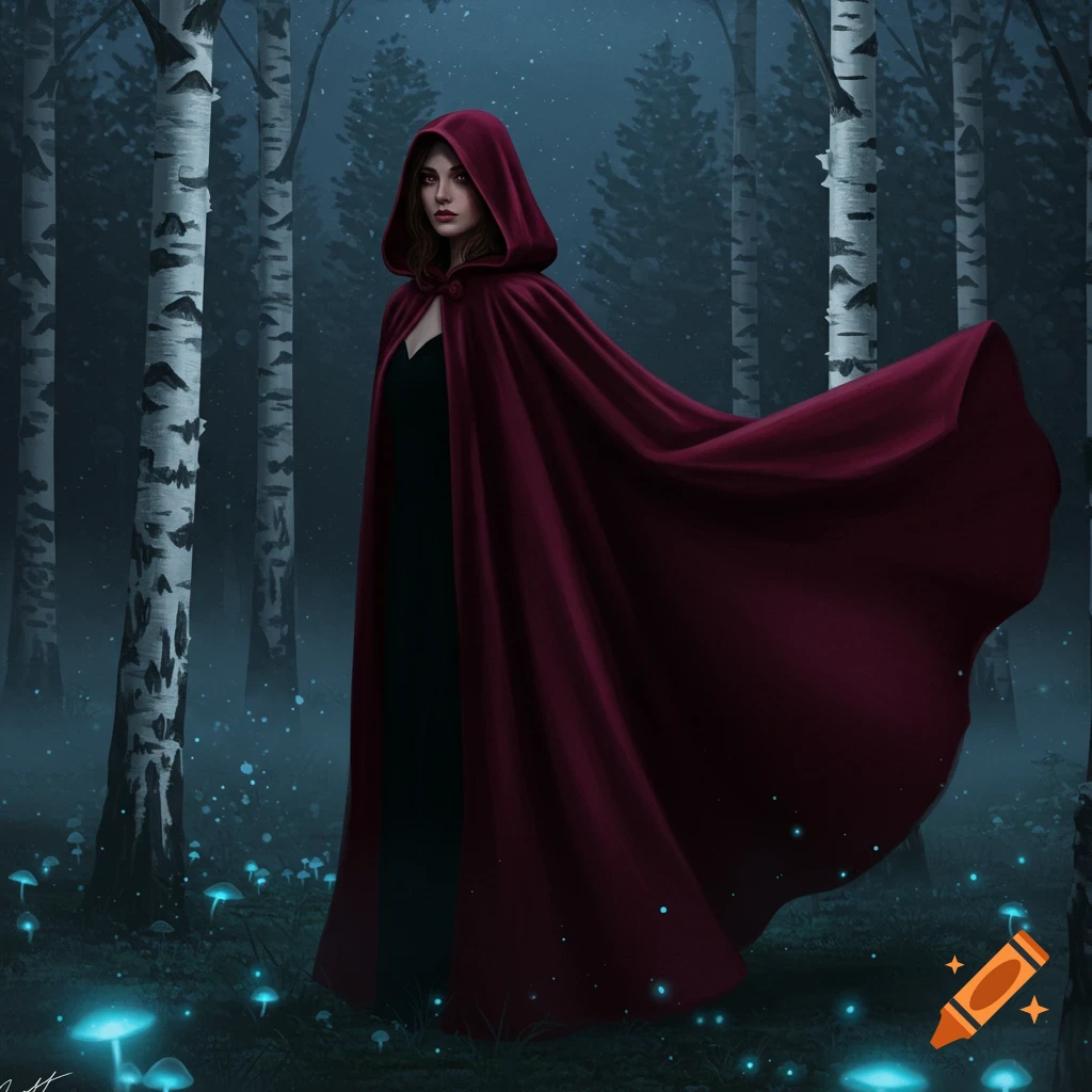 A woman in a dark red hooded cloak stands in a mysterious, misty forest with glowing blue mushrooms and birch trees.