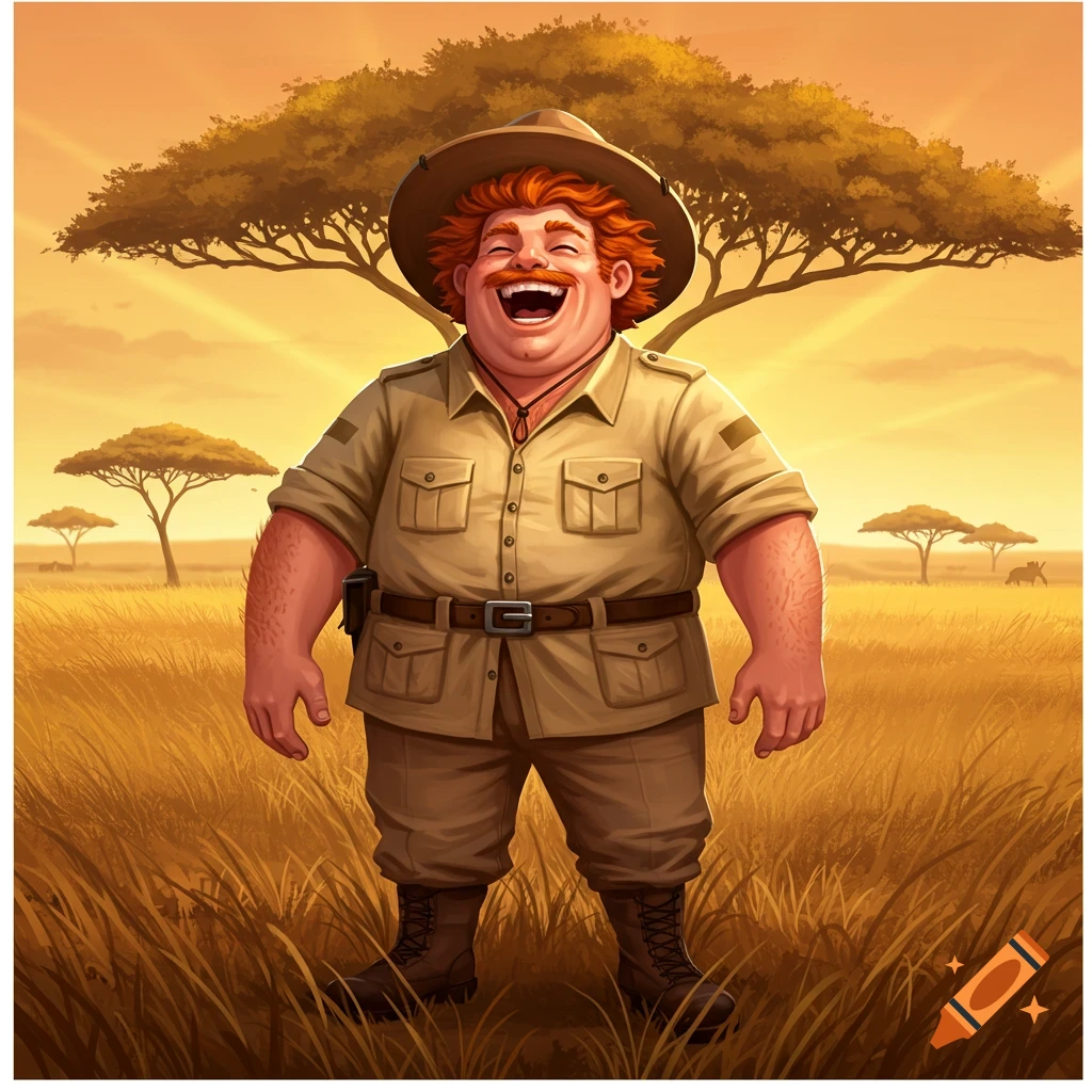 A joyful, ginger cartoon big game hunter laughs heartily in a safari savanna at sunset.