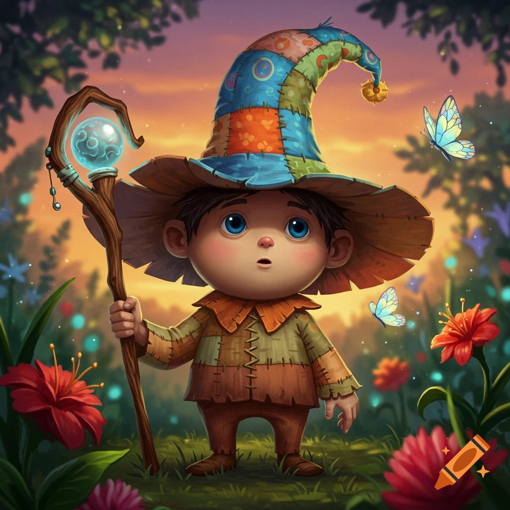 A cute, wide-eyed character in a patched wizard hat and tunic holds a glowing staff in a magical forest with butterflies and vibrant flowers.