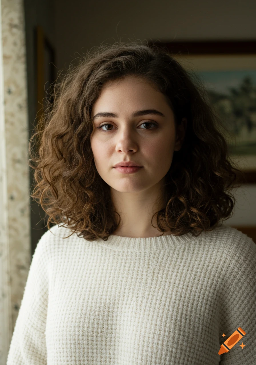 A photorealistic portrait of a young woman with curly brown hair wearing a white sweater.