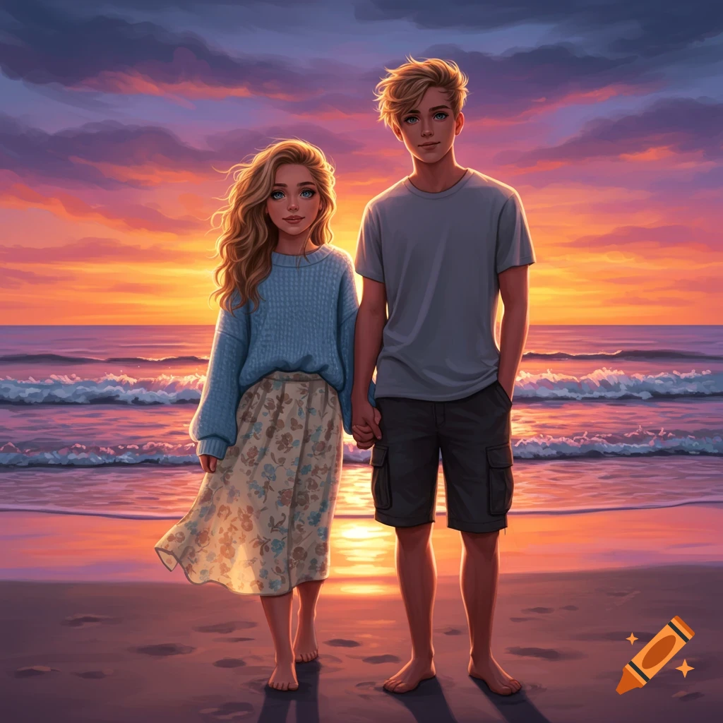 An illustrated young couple holding hands on a beach at sunset, with a vibrant orange and purple sky over the ocean.