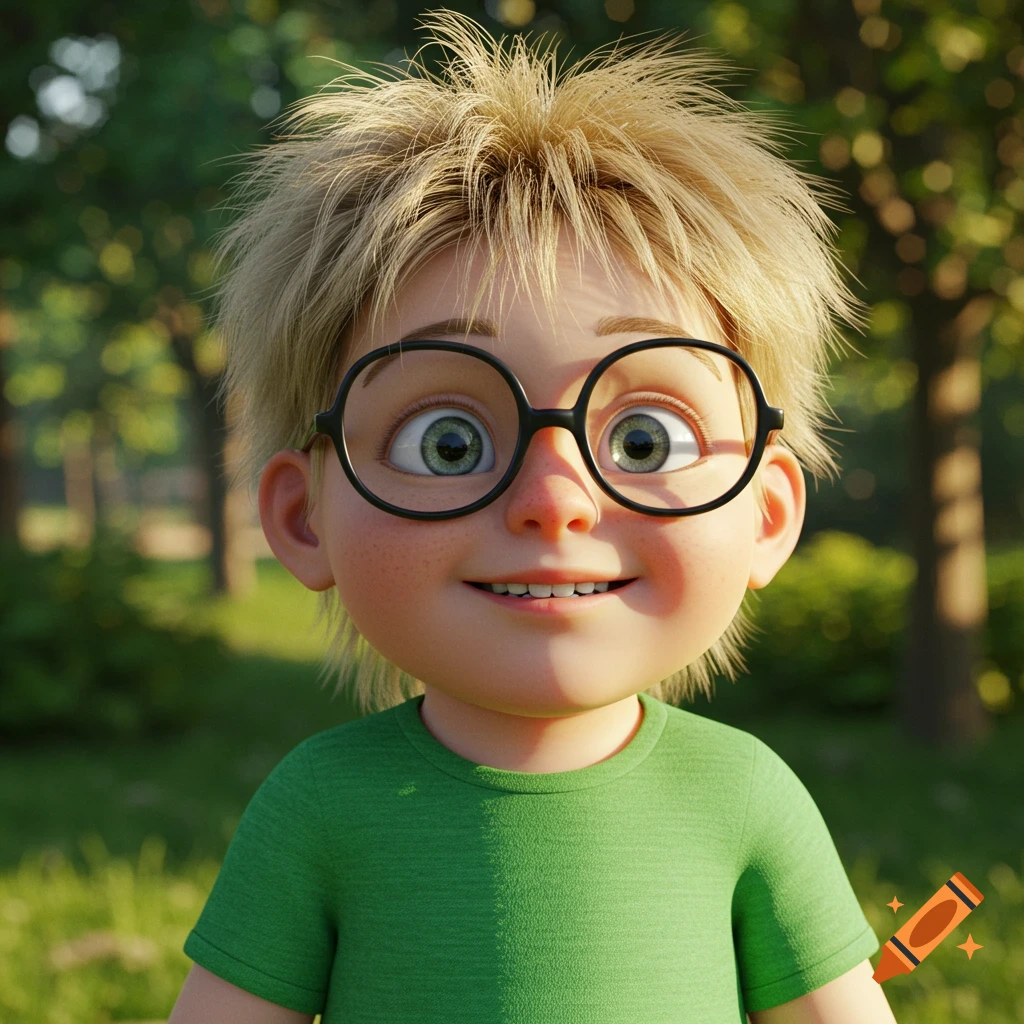 Close-up portrait of a smiling cartoon boy with blonde hair and round black glasses wearing a green shirt in a blurry green park background.