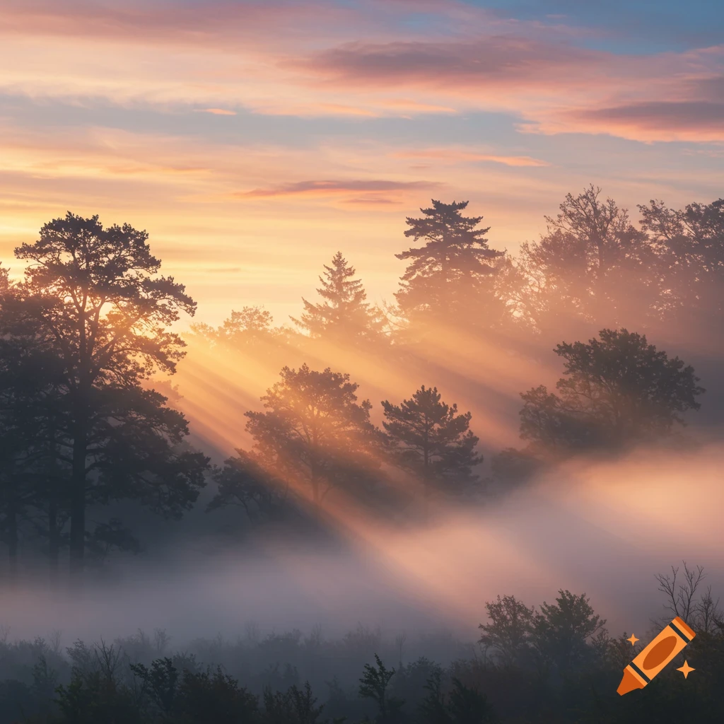 Mystical forest at sunrise with sunbeams breaking through dense fog, vibrant autumn sky.
