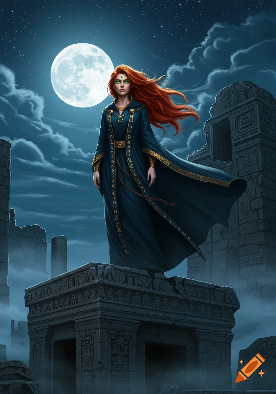 A red-haired woman with glowing green eyes in an ornate dark blue robe stands on ancient ruins under a bright full moon.