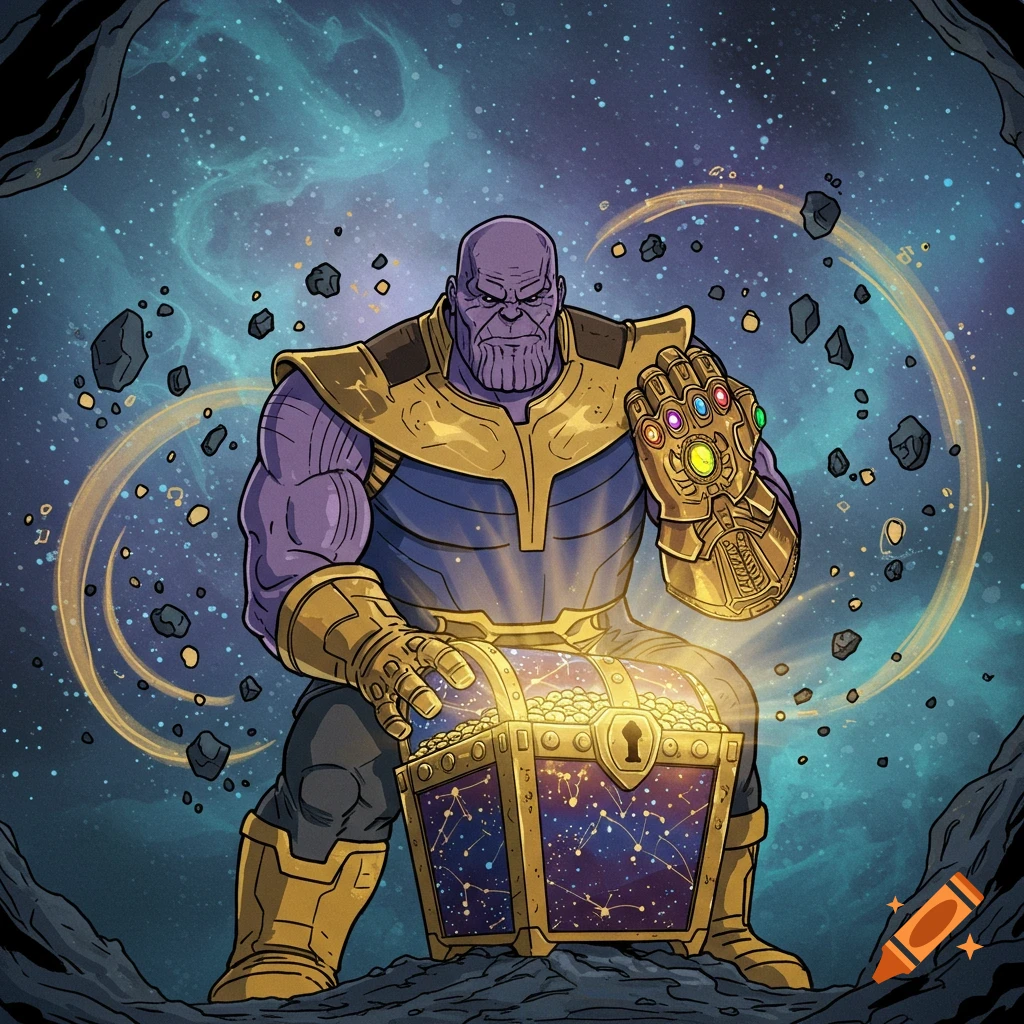 Cartoon style drawing of Thanos wearing the Infinity Gauntlet, guarding a glowing treasure chest in a starry space setting with floating rocks.