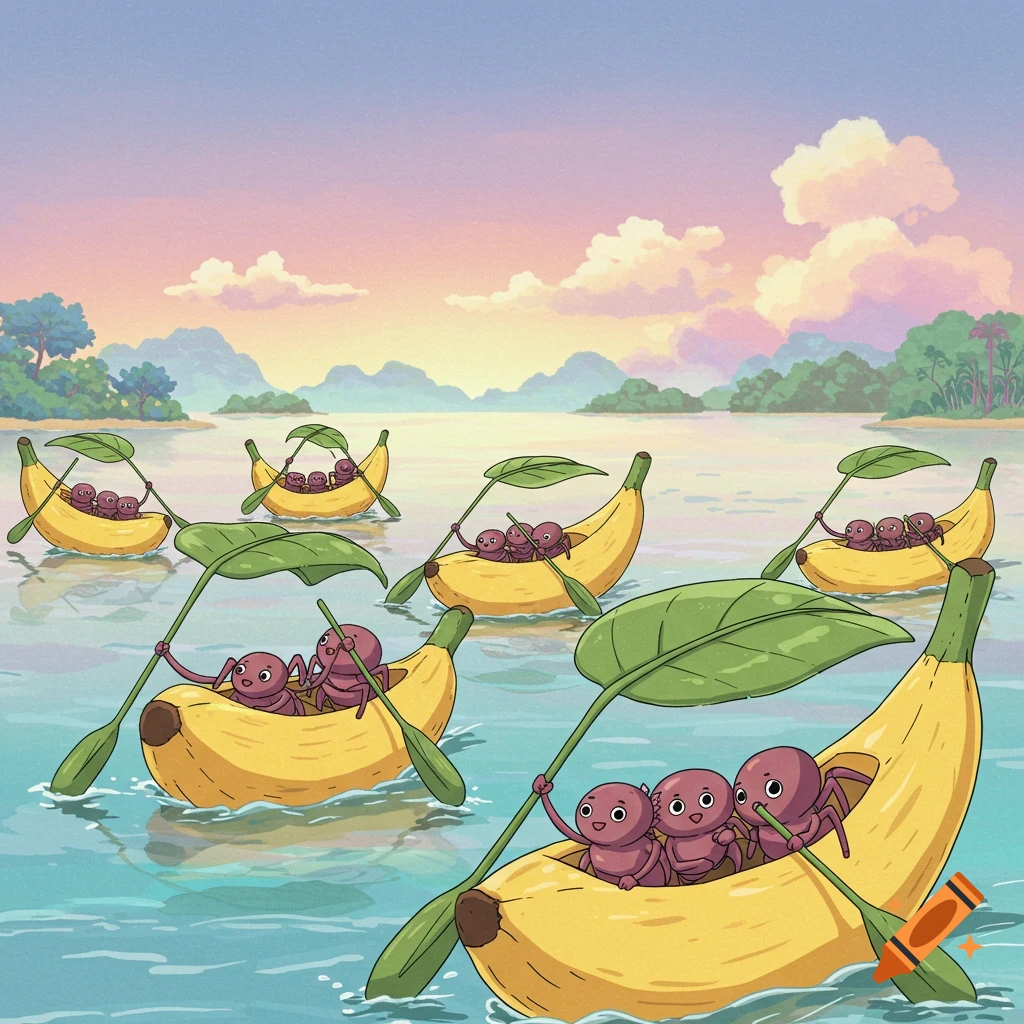Cute purple spiders paddle in banana boats with leaf paddles on water, with tropical islands and a pastel sky, anime style.