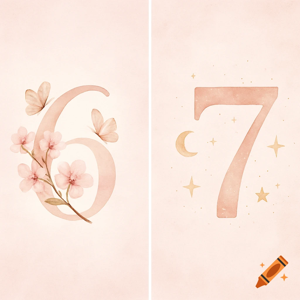 Watercolor art of numbers 6 and 7 in soft pink tones, decorated with flowers, butterflies, a moon, and stars.