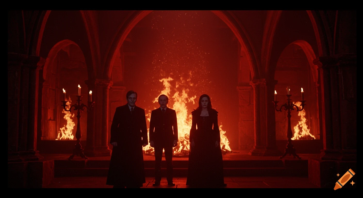Three figures stand in a red-lit gothic chamber with large fires and candelabras, in the style of a vintage horror film.