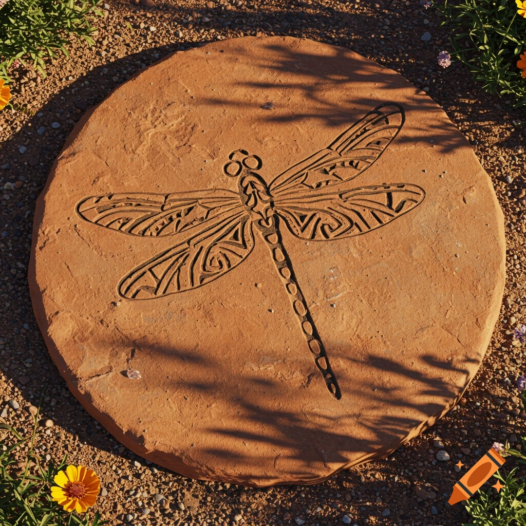 Terracotta stepping stone with an intricate Pueblo-style dragonfly design, surrounded by pebbles and small yellow flowers.