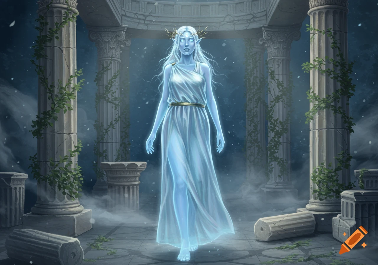 Ethereal elf woman in a flowing white Greek gown and twig crown, glowing amidst misty ancient ruins with ivy.