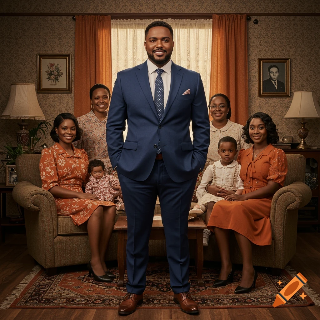 A photorealistic portrait of an African American family in a vintage living room, with a man standing in front of women and children seated on sofas.