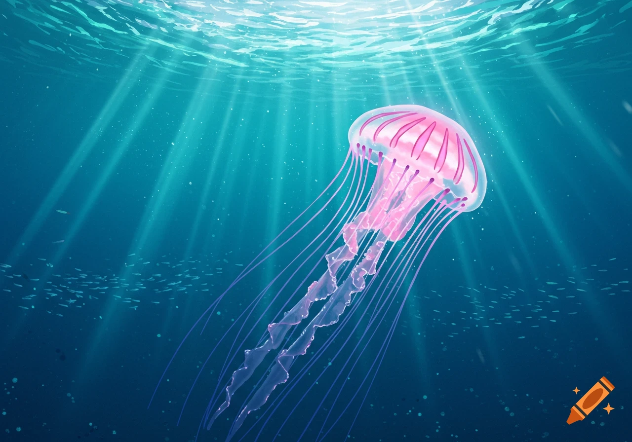 A vibrant pink jellyfish with long tentacles floats in a deep blue ocean, illuminated by bright sun rays, with small fish in the background.