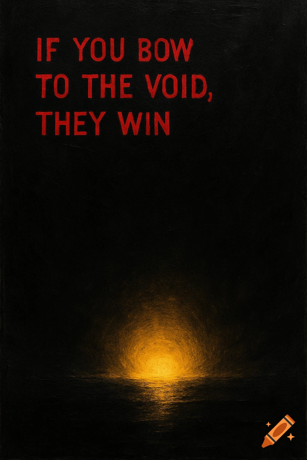 Red text "IF YOU BOW TO THE VOID, THEY WIN" above a golden glowing light reflecting on a dark, textured surface.