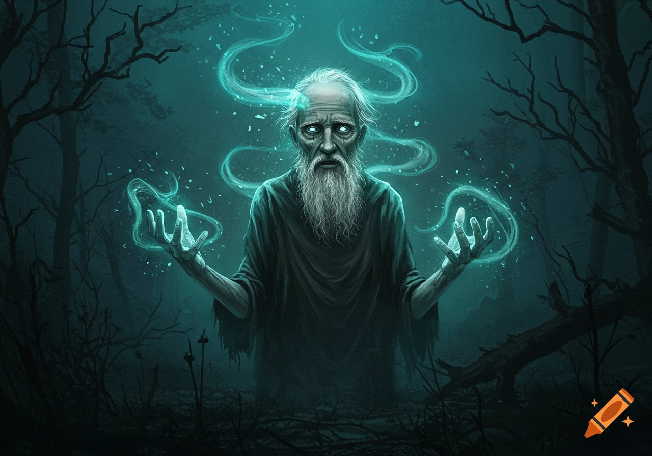 A mystical old man with a long white beard and glowing eyes stands in a dark forest, surrounded by ethereal turquoise magic.