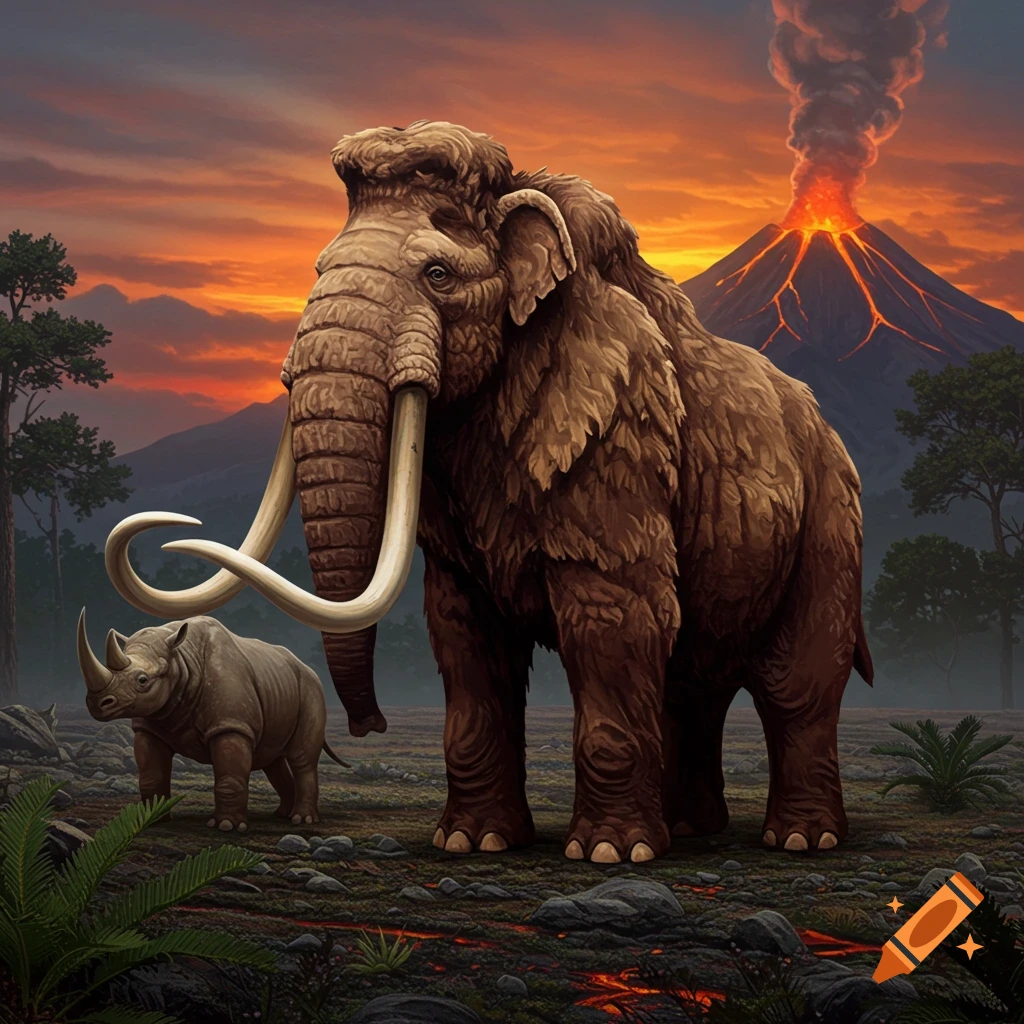 An illustrated woolly mammoth and a rhinoceros stand on rocky terrain with lava, under a dramatic sunset sky with an erupting volcano.