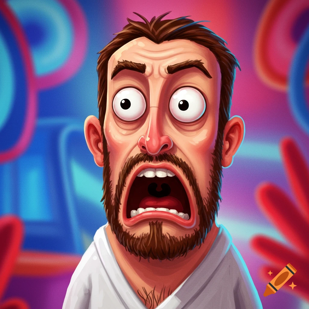 Cartoon man with wide eyes and an open mouth, expressing shock or horror, against a vibrant, abstract background.