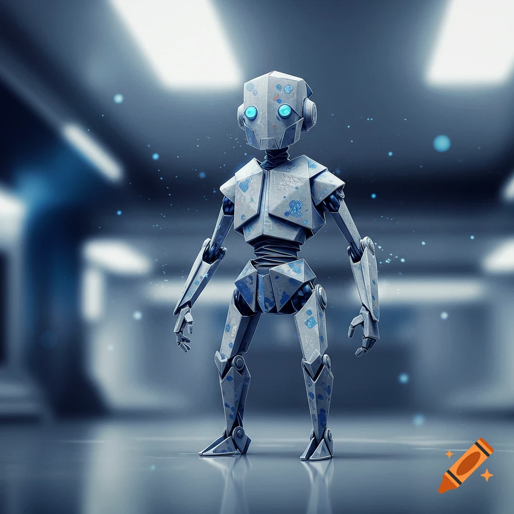 A faceted, metallic robot with glowing blue eyes stands in a futuristic, dimly lit room.
