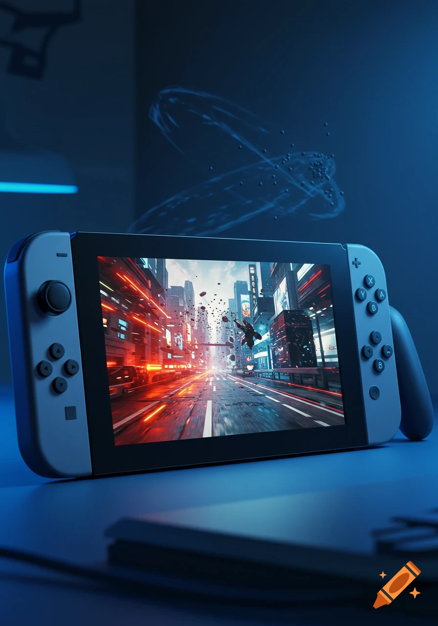 Nintendo Switch displaying a futuristic action video game with bright red and blue light trails against a dark blue background.