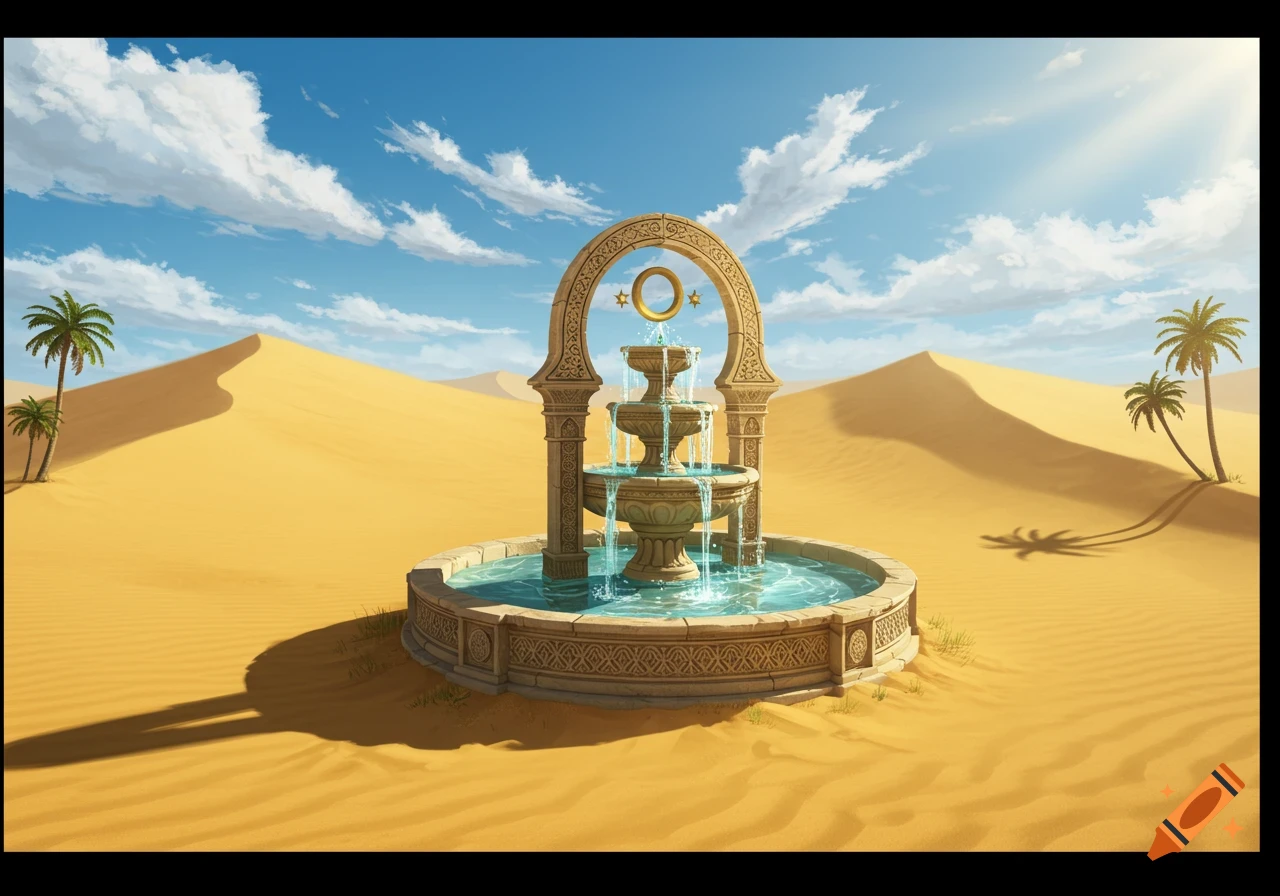 A tiered stone fountain with flowing water in a vast desert with sand dunes, palm trees, and a clear blue sky.