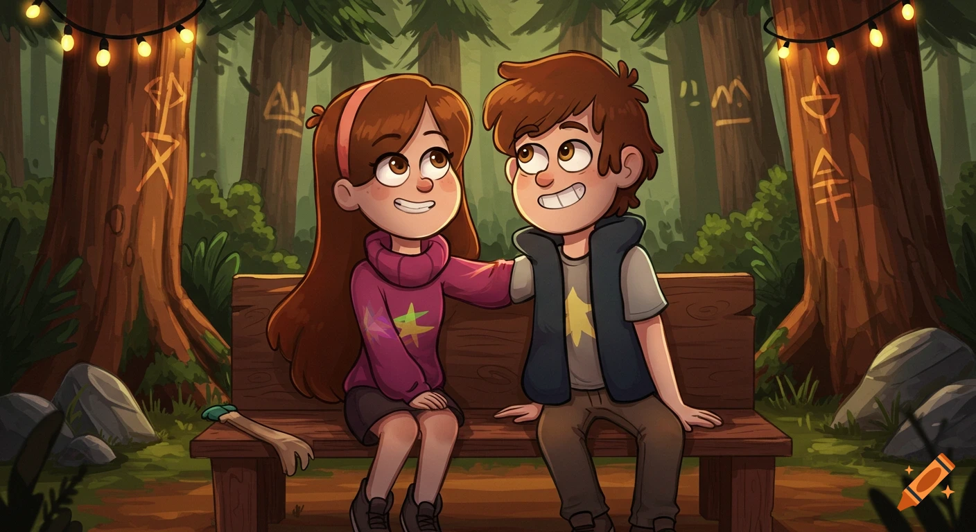Cartoon twins Mabel and Dipper from Gravity Falls sit smiling on a bench in a forest with string lights and carved trees.