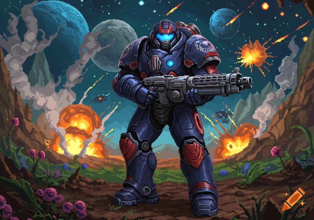 A pixel art space marine in blue and red armor holds a rifle on an alien planet with explosions and other planets in the background.