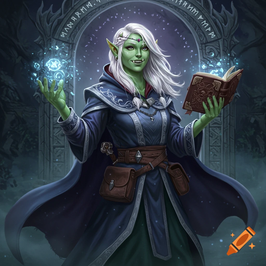 Pale green female orc wizard with white hair, holding a glowing orb and spellbook in front of an archway.