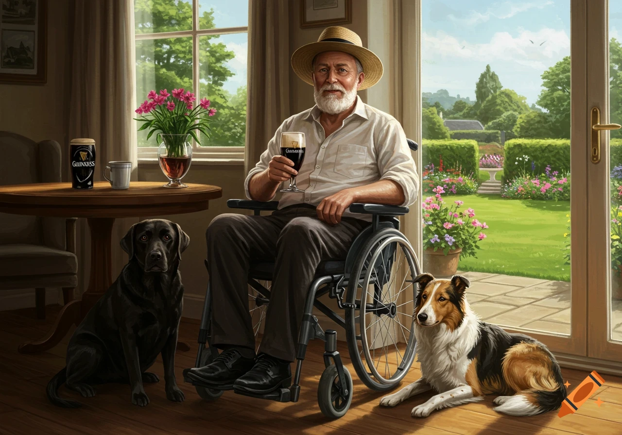 Detailed illustration of an elderly man in a wheelchair holding Guinness, with a black Labrador and collie, looking out at a lush garden.