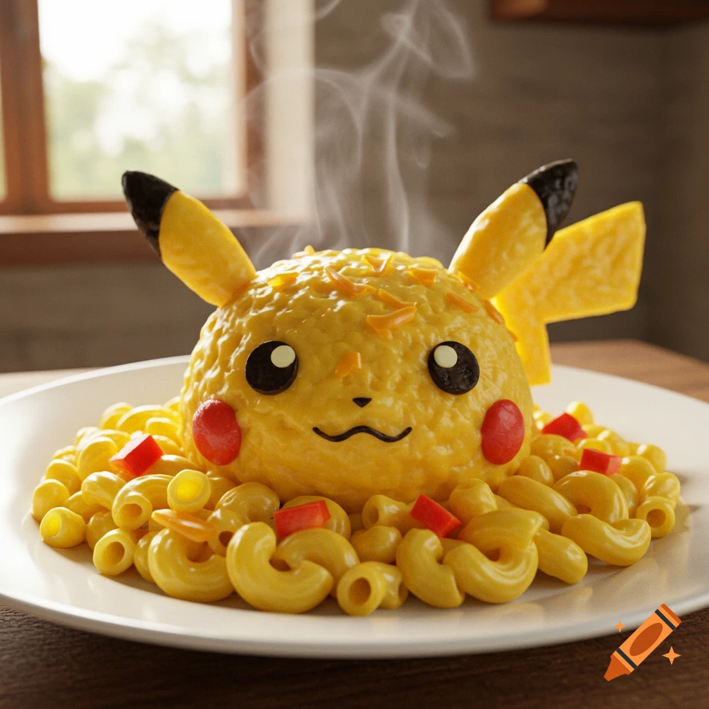 A steaming Pikachu-shaped mac and cheese meal with elbow pasta and red peppers on a white plate.