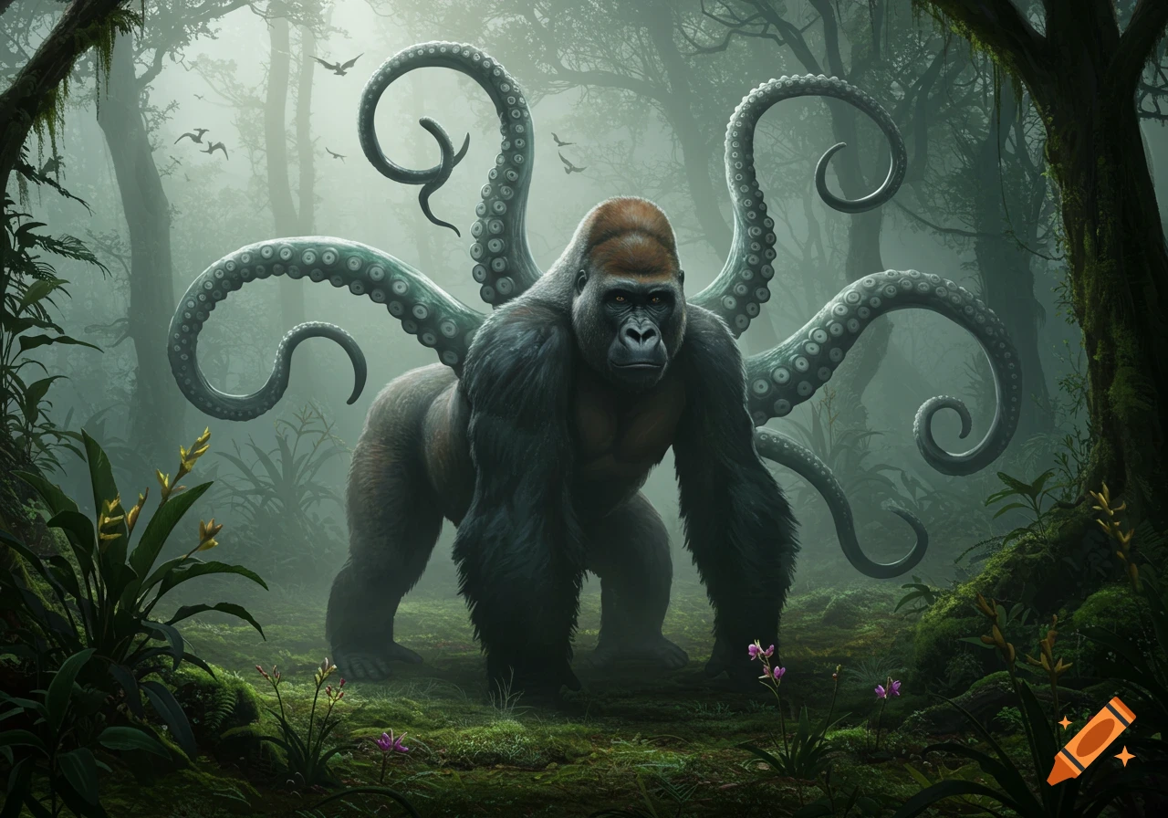 A dark grey gorilla with multiple long, grey octopus tentacles on its back, stands in a misty, lush jungle with purple and yellow flowers.