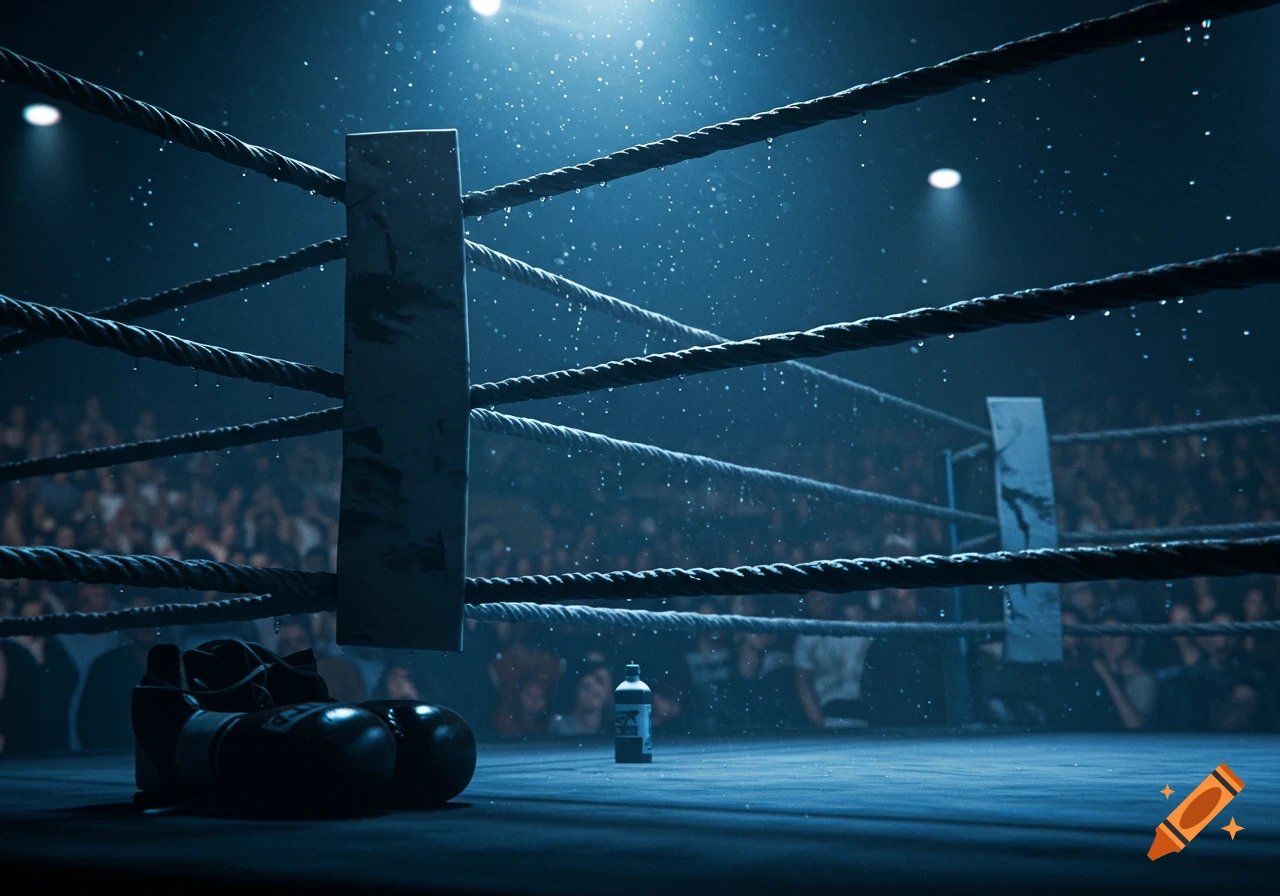 A dimly lit boxing ring with ropes, gloves, and a water bottle on the canvas, with blurred spectators in the background, under spotlights.
