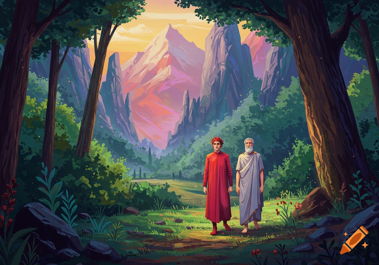 Dante and Virgil walk a path through a lush forest with colorful, jagged mountains in a bright, stylized illustration.