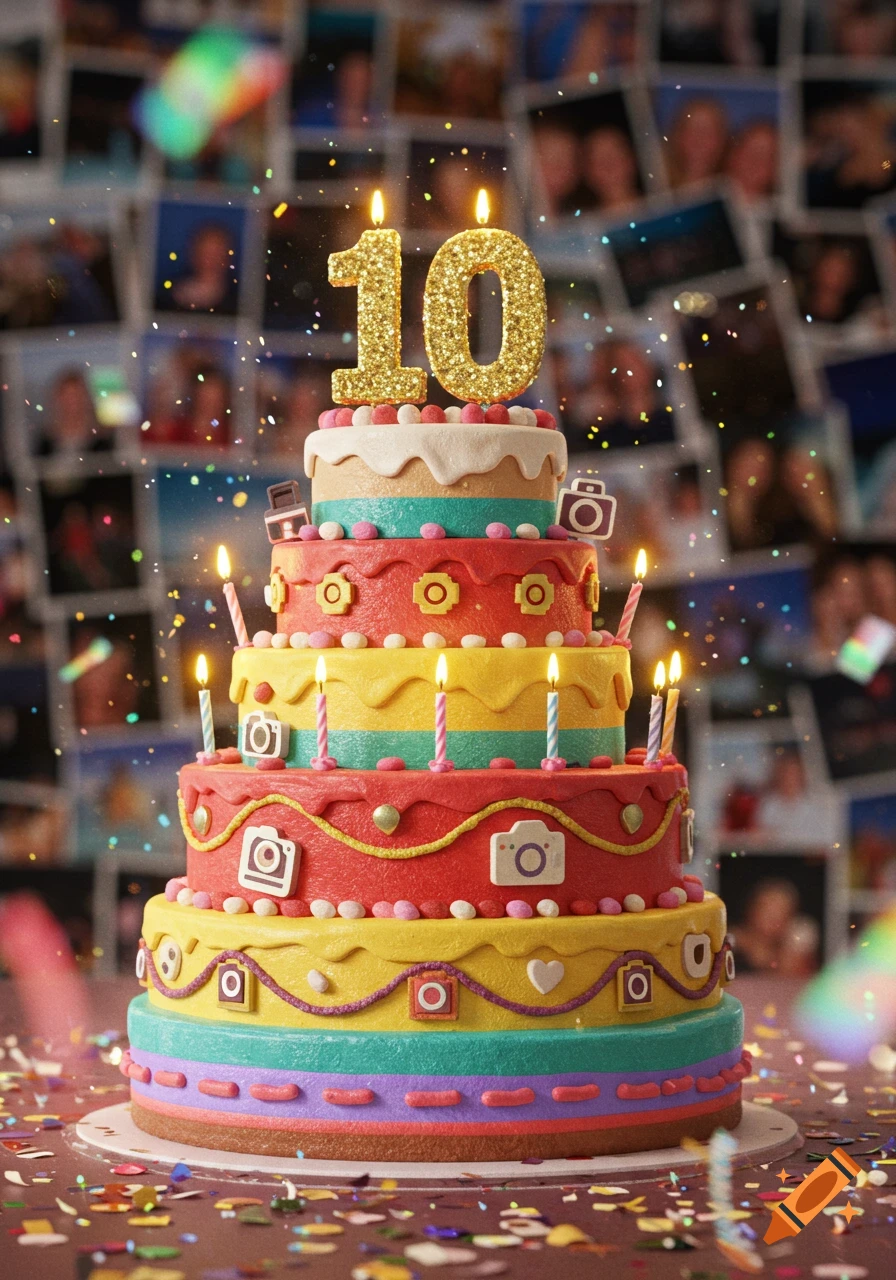A vibrant, colorful five-tier birthday cake with a '10' candle, small lit candles, and camera decorations. Confetti and blurred photos are in the background.