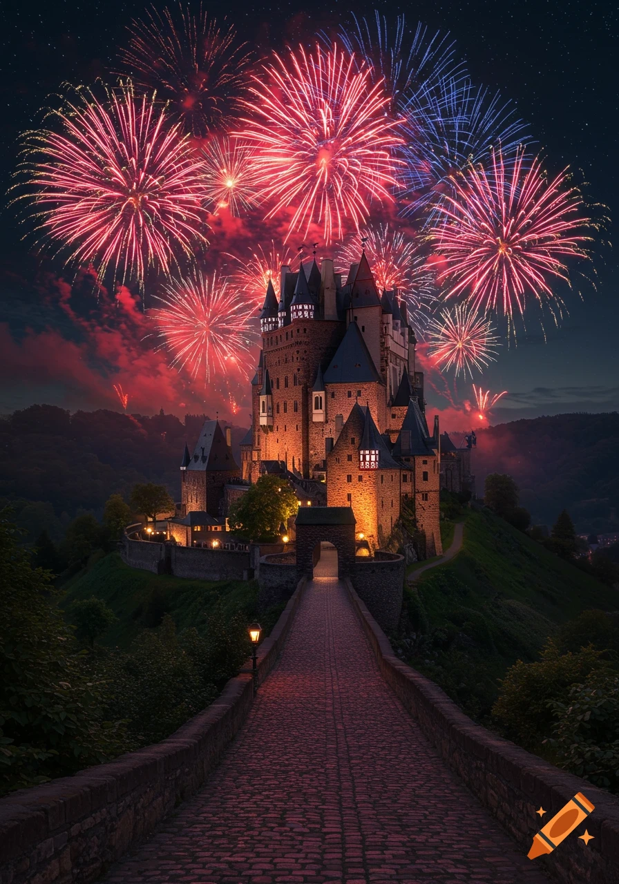 A majestic medieval castle lit up at night, with a cobblestone path leading to its gate, beneath a sky filled with dazzling red and blue fireworks.