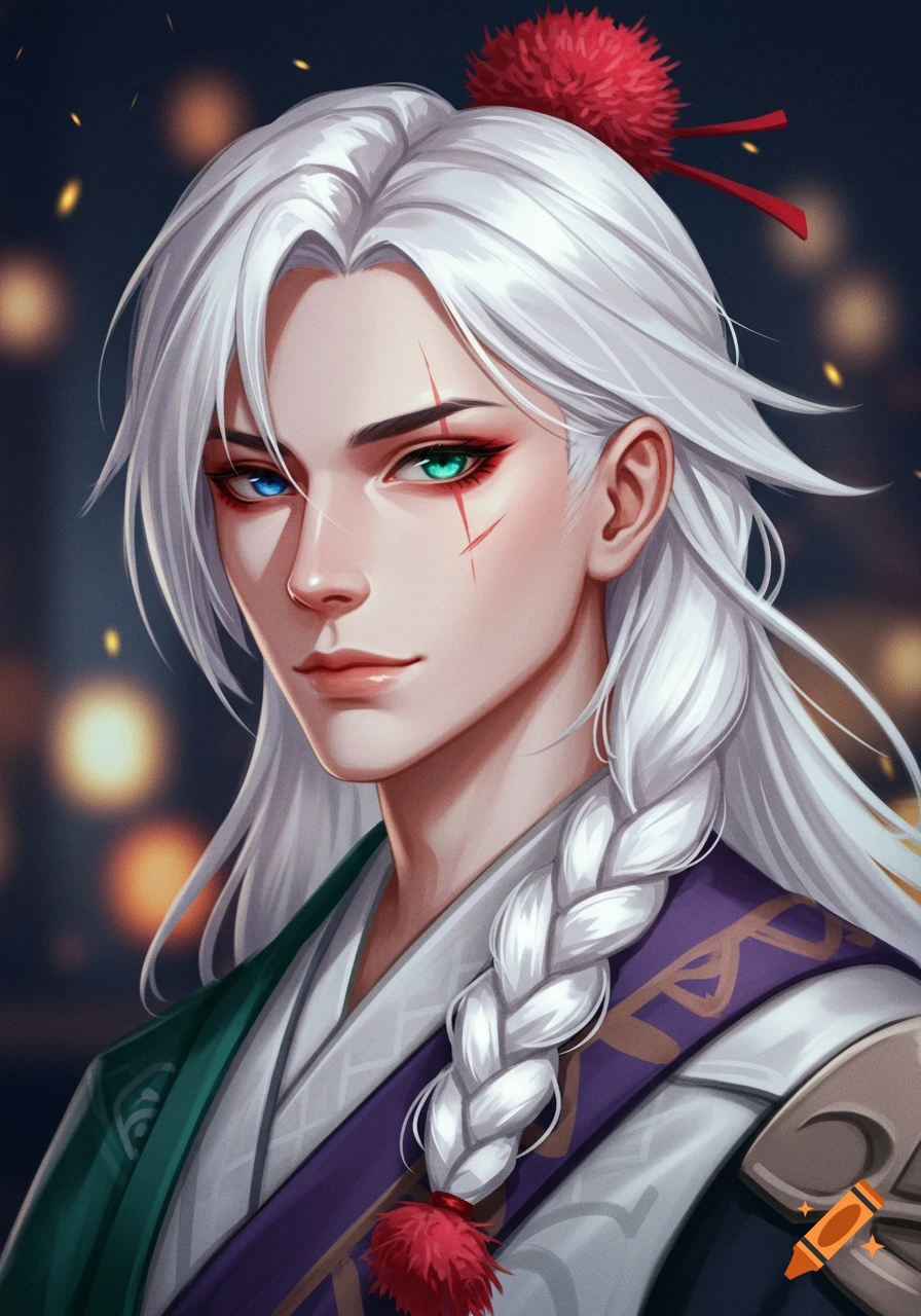Stylized portrait of a man with long white hair in a braid, heterochromia eyes, and facial scars, wearing a traditional outfit.