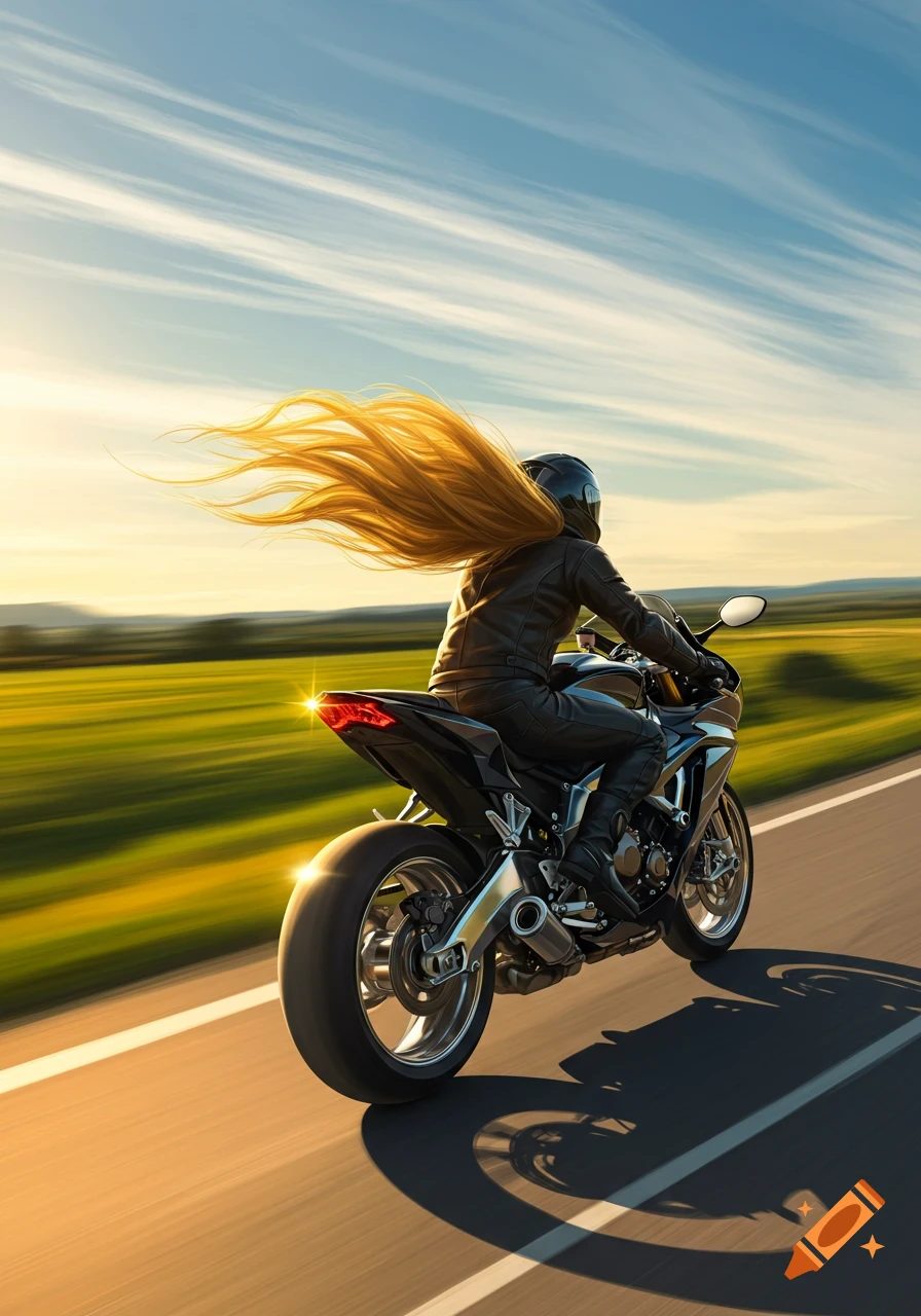 Rear view of a biker in a black leather suit and helmet speeding down an open road at sunset, long blonde hair flying behind.