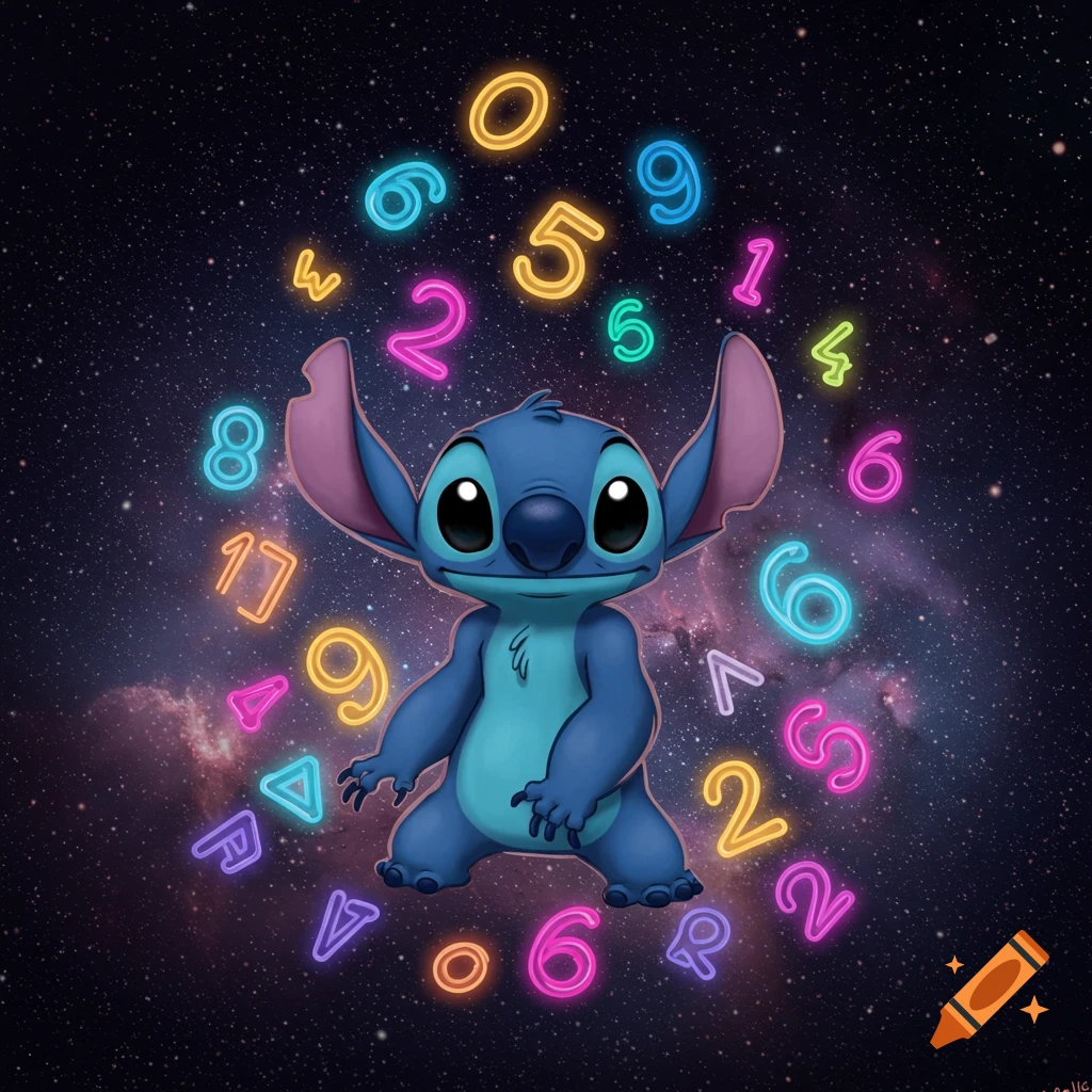 Animated blue alien character Stitch stands in space, surrounded by many glowing neon numbers.