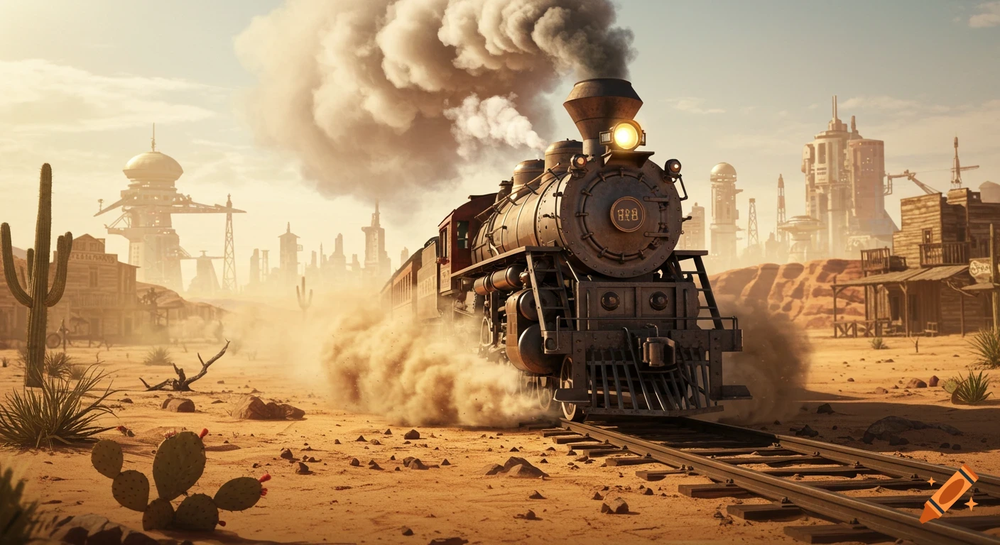 A steampunk locomotive rushes through a dusty desert with cacti, passing old Wild West buildings and futuristic towers under a bright sun.