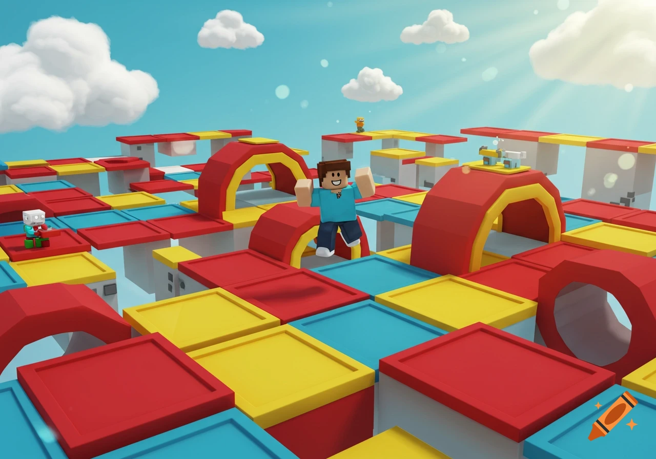 A blocky cartoon character jumps through a colorful Roblox-style obstacle course under a blue sky.
