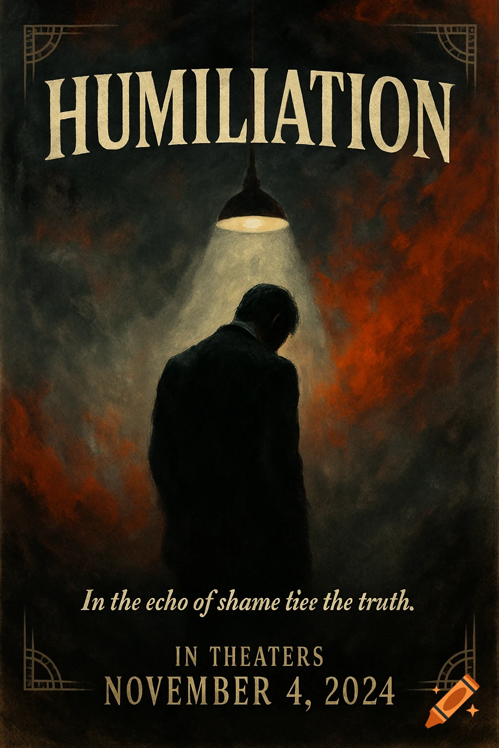 Stylized movie poster for 'HUMILIATION' with a man hunched under a spotlight against a dark, dramatic background.