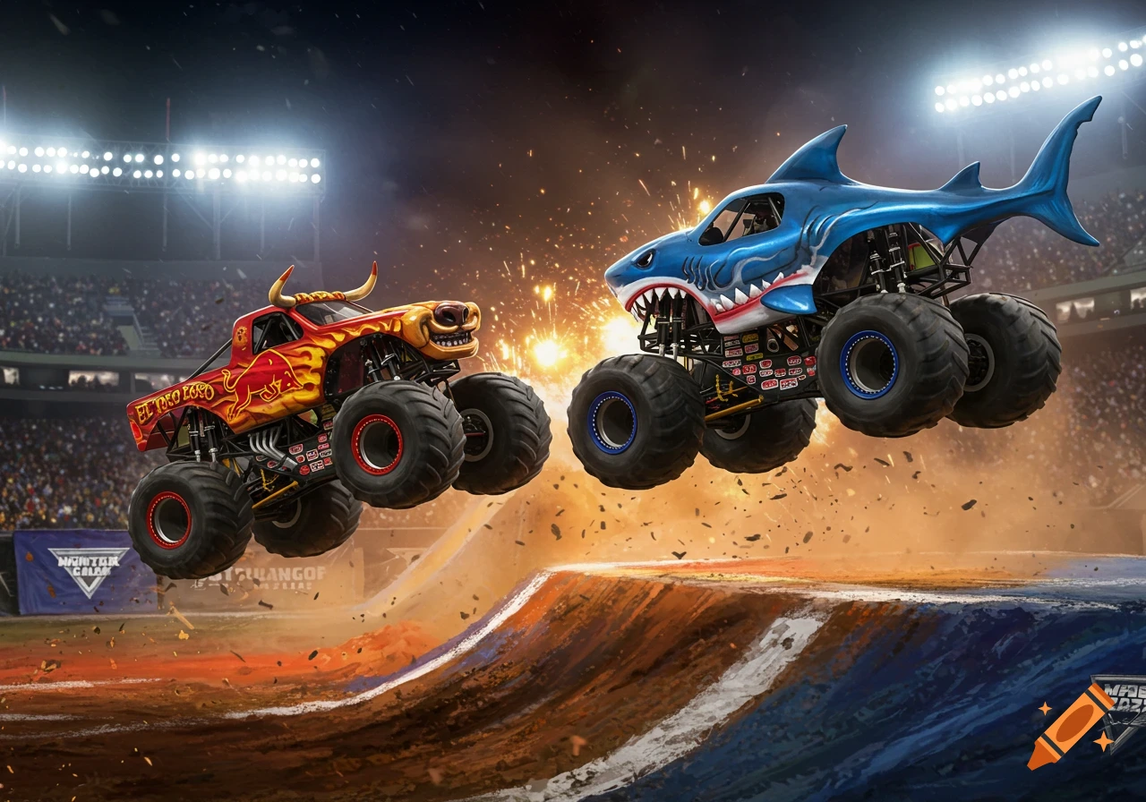 El Toro Loco bull monster truck and Megalodon shark monster truck jump off a ramp in a stadium with sparks.