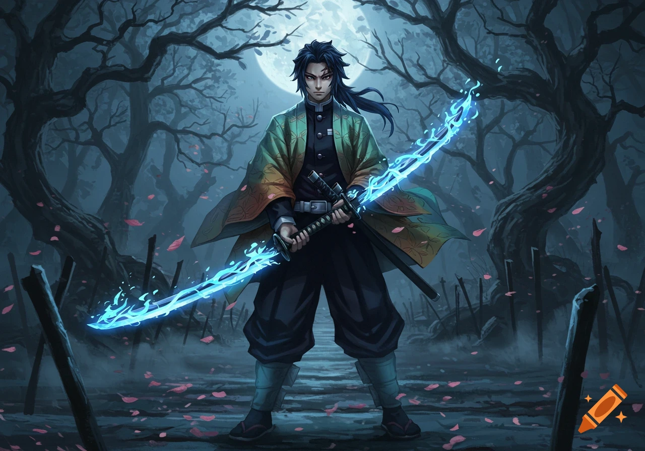 An anime-style male warrior, dressed in a kimono, stands in a dark, misty forest under a full moon, holding a glowing blue katana.