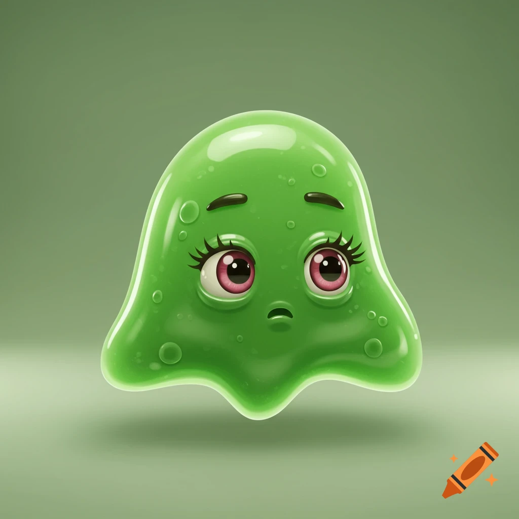 A glossy, sad green blob character with large pink eyes and long eyelashes, on a matching green background.