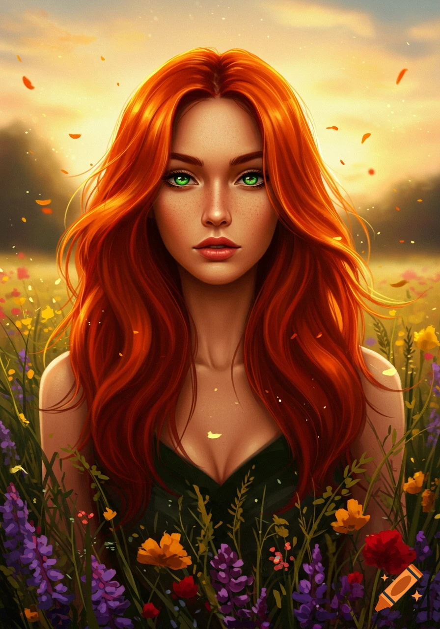 A fantasy portrait of a red-haired woman with green eyes, standing in a vibrant field of wildflowers at sunset.