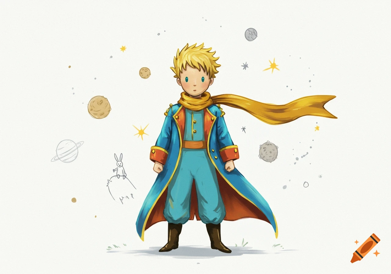 Illustration of The Little Prince, a young blond boy in a blue and red uniform with a flowing yellow scarf, surrounded by planets and stars.